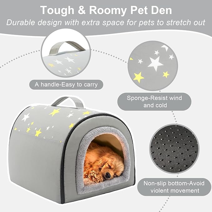 Jiupety Indoor Dog House, 2 in 1 Portable Foldable House Bed with Cover, Pet Tent & Cave Bed for Small Medium Dog, L(21"×17"×15"), Up to 16 Lb, Grey