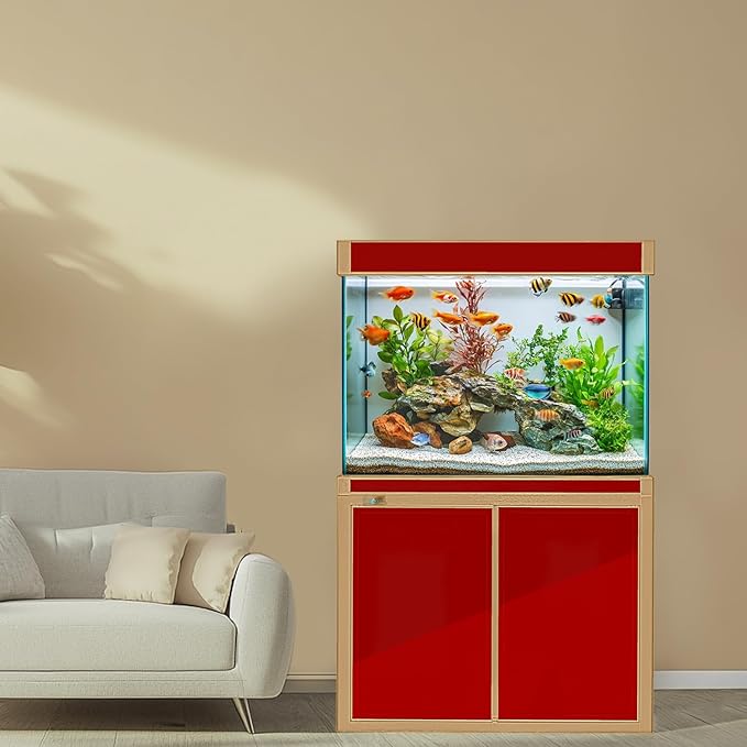 100-Gallon Aquarium Tempered and Ultra-Clear Glass (Full Setup) in Red with Gold Trims