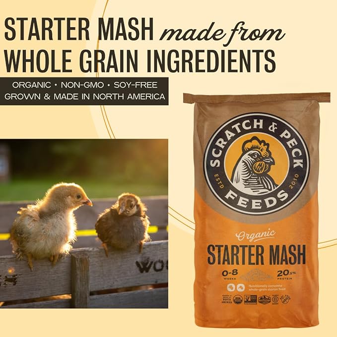 Scratch and Peck Feeds Whole Grain Starter Mash Chicken and Duck Feed - 25 lbs Bag - Corn-Free and Soy-Free - 20.5% Protein, Certified Organic and Non-GMO Project Verified Chicken Food