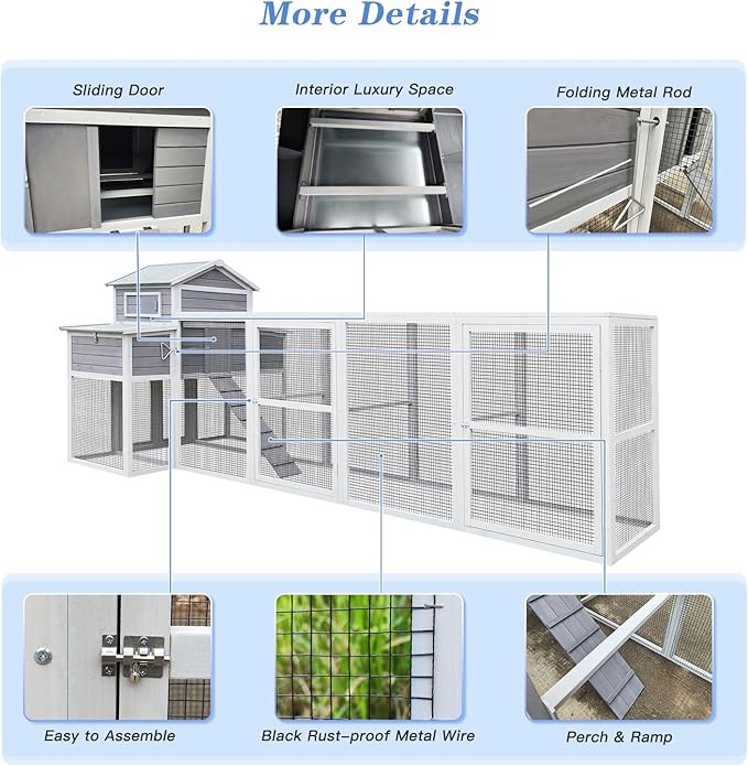 150" Extra Large Chicken Coop – Outdoor Wooden Hen House with Black Rust-Proof Metal Wire, 2 Spacious Nesting Boxes, 5 Perches, Predator-Proof & Durable Chicken Cage for 4-6 Poultry White