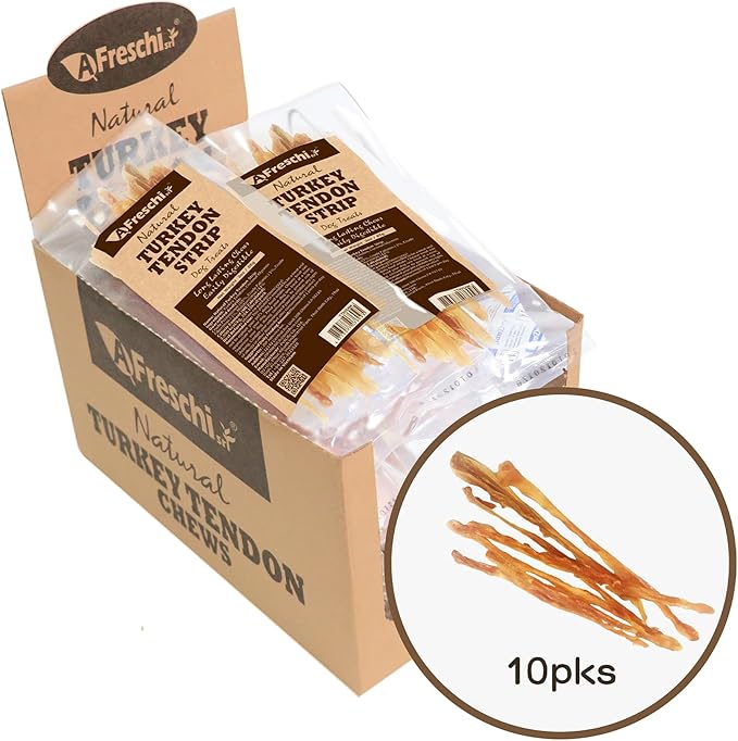 AFreschi Natural Turkey Tendon Strip 10 Units/Box, All Natural Human Grade Puppy Chew, USA-Sourced Turkey Tendon, Hypoallergenic, Easy to Digest, Rawhide Alternative