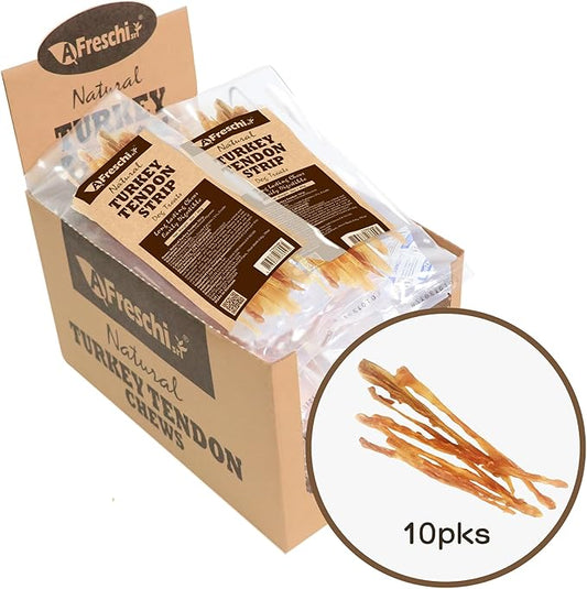 AFreschi Natural Turkey Tendon Strip 10 Units/Box, All Natural Human Grade Puppy Chew, USA-Sourced Turkey Tendon, Hypoallergenic, Easy to Digest, Rawhide Alternative
