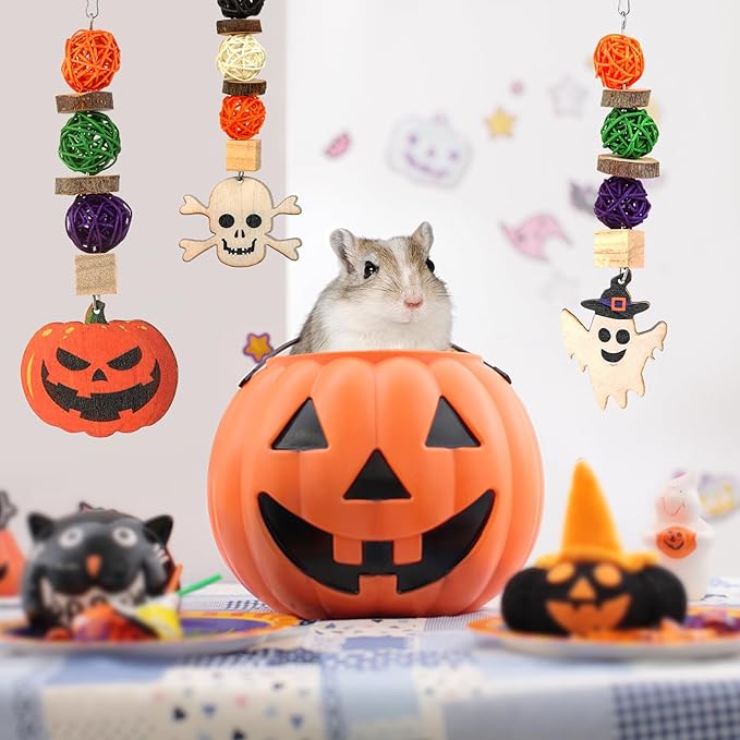 Bunny Chew Toys, Natural Guinea Pig Toys,3pcs Perfect Chews Hanging Wood Chew Toy for Pet Rabbits Guinea Pigs Chinchillas Hamsters Rats and Other Small Animals Teeth Grinding Halloween Themed
