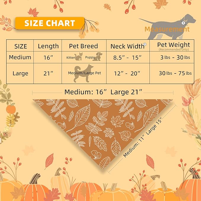 Fall Dog Bandana Thanksgiving Holiday Autumn Leaves Girls Pet Triangle Neck Scarf with Snap Button, Sktech Printed Style, Small and Medium Breed, 5-30lbs