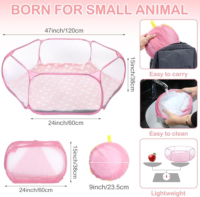 Hamster Playpen with Mat Small Animal Cage Tent Breathable Transparent Guinea Pig Playpen Waterproof Portable Yard Fence Mat Foldable Exercise Playpen Outdoor Indoor (Pink,Star)