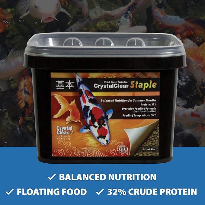 CrystalClear Staple Pond Fish Food for Healthy Koi & Goldfish, Protein Packed Floating Pellets for Summer Nutrition, Easy Digestion, 17.6 Pound Bucket