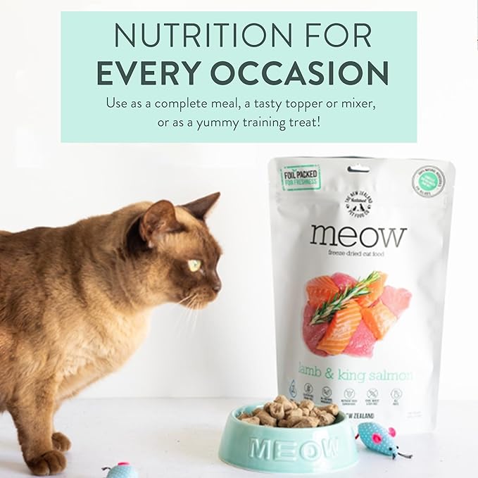 Meow Freeze Dried Cat Food - Lamb & King Salmon Recipe,High Protein Cat Treats,Meals & Toppers,Dry Cat Food,9.9oz