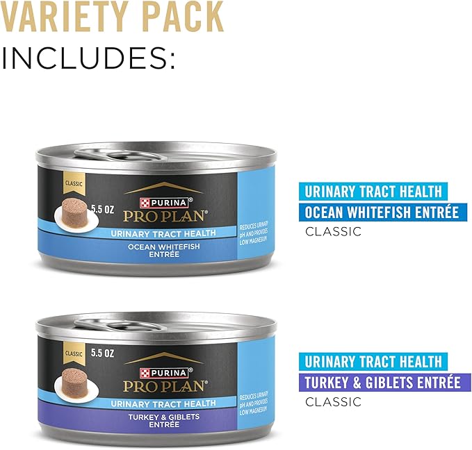 Purina Pro Plan Urinary Tract Health Pate Cat Food Variety Pack, Turkey and Giblets, and Ocean Whitefish Entrees - (Pack of 12) 5.5 oz. Cans