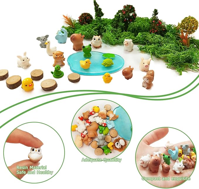 Mini Resin Animals Set, 46 Pcs, Tiny Resin Animal, Mini Resin Animals Bulk, Miniature Trees Moss for Garden Décor Micro Landscape Ornaments Kit Fairy Garden Dollhouse Accessories