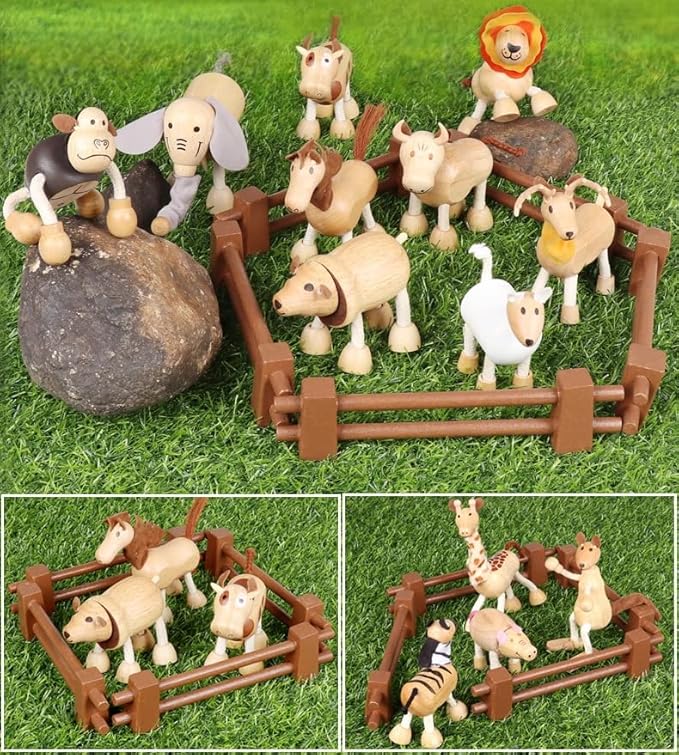 6 Pack Bendable Wooden Animal Figurines - Smooth Natural Wood Zoo & Jungle Safari Animals - Preschool Learning & Education Toys for Toddlers & Kids