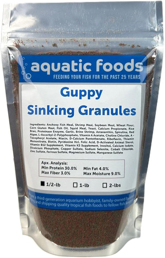 Aquatic Foods Inc. Guppy Micro Sinking Granules, Color Enhancing and Spirulina Mix for Guppies, Tetras, All Baby Cichlids...WL…1/2-lb Foil Pouch Bag