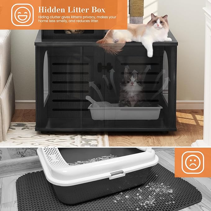 DKLGG Large Wooden Cat Tree House with Hidden Litter Box Enclosure | Multi-Functional Cat Furniture Featuring Sisal Scratching Post, Plush Perch Platform & Divided Condo for Indoor Cats (Black)