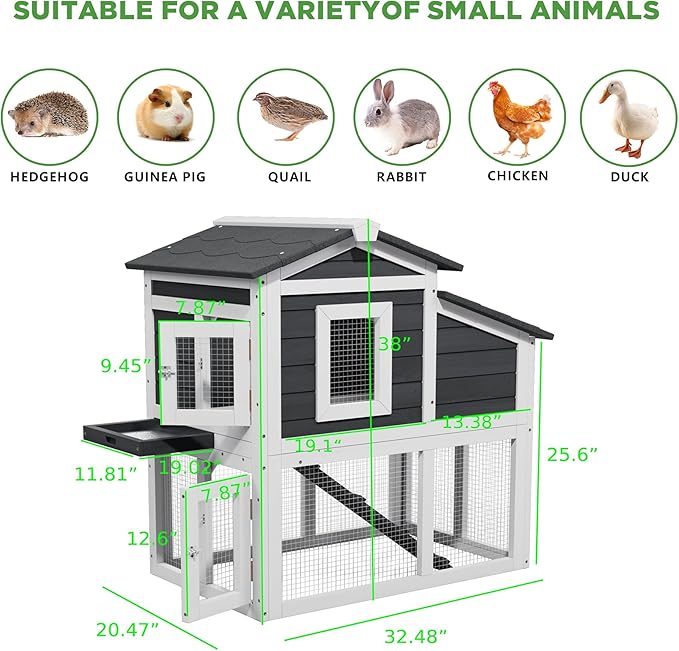 Small Chicken Coop for 2 Chickens,Wooden Chicken Coops with Nesting Boxes Indoor Outdoor,Bunny House Rabbit Hutch Poultry Pet Run Cage with Waterproof Roof,Stairs&Leak-Proo-Tray (Grey)