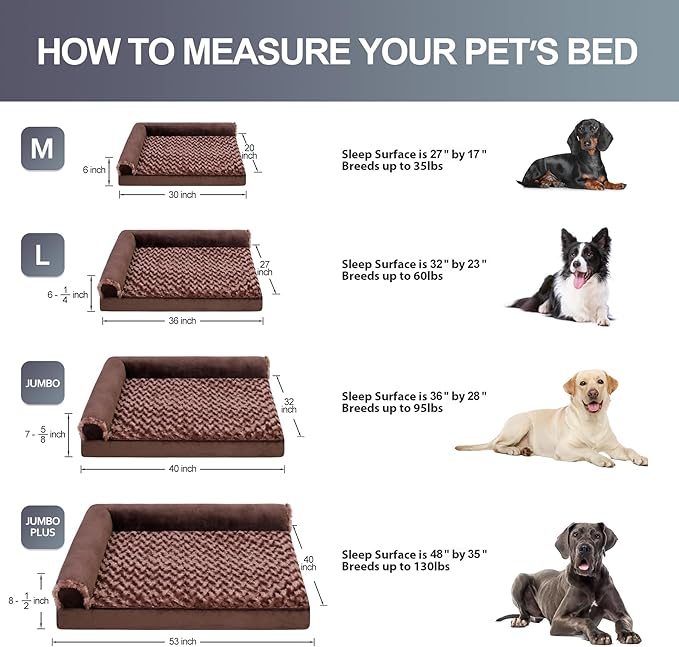 MIHIKK Orthopedic Dog Couch Bed Deluxe Plush L-Shaped with Waterproof Lining Bolster Dog Sleeping Sofa with Removable Washable Cover & Nonskid Bottom Pet Bed for Large Dogs, Brown