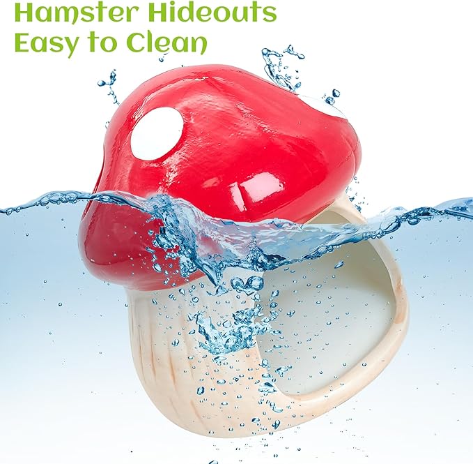 BNOSDM Ceramic Hamster Hideout and Food Bowl Set Cute Mushroom Shape Hamster House and Habitat Cool Hamsters Hide Suitable for Syrian, Mice, Dwarf Hamsters, Gerbils (Red)