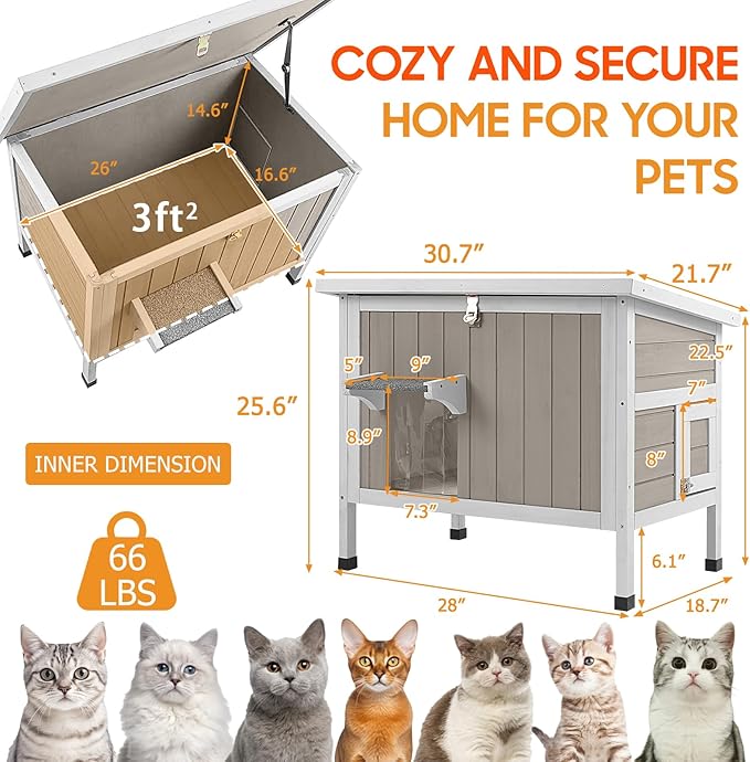 Insulated Cat House Outdoor Weatherproof Feral Cat Shelter for Winter, All-Round Foam Insulation Wooden Pet House for Outdoor Cat with Raised Base, Openable Roof (30.7"L x 21.7"W x 25.6"H)