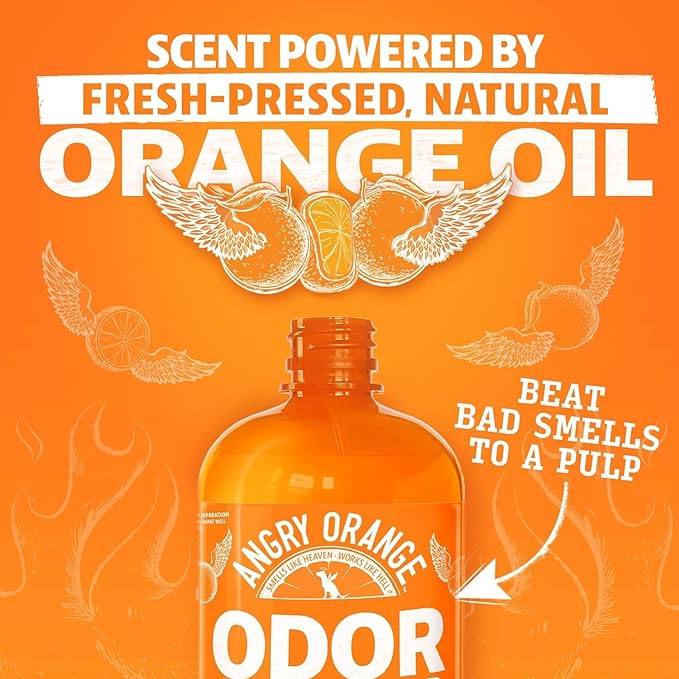 ANGRY ORANGE Pet Urine Odor Eliminator - Pack of 2 Citrus Deodorizers for Strong Dog or Cat Urine Smells on Carpet, Furniture & Floors - 24 oz Spray & 8 oz Concentrate - Puppy Supplies