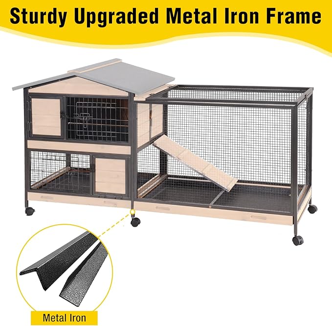 Aivituvin Rabbit Hutch Indoor 2 Story Bunny Cage Outdoor Guinea Pig Cage with Caster Wheels Chicken Coop with Run, 3 Pull Out Tray (Black&Wood)