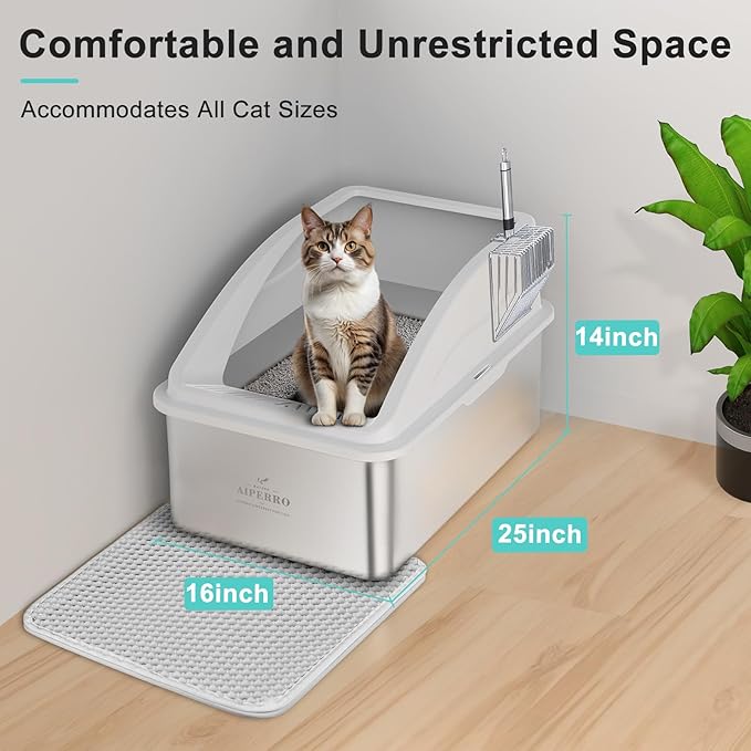 Stainless Steel Litter Box | XXL Deepened 8" Design Enclosed Cat Litter Box with Lid for Big Cats | High Sided, Anti-Urine Leakage | Non-Stick Bottom & Includes Litter Mat & Metal Scoop