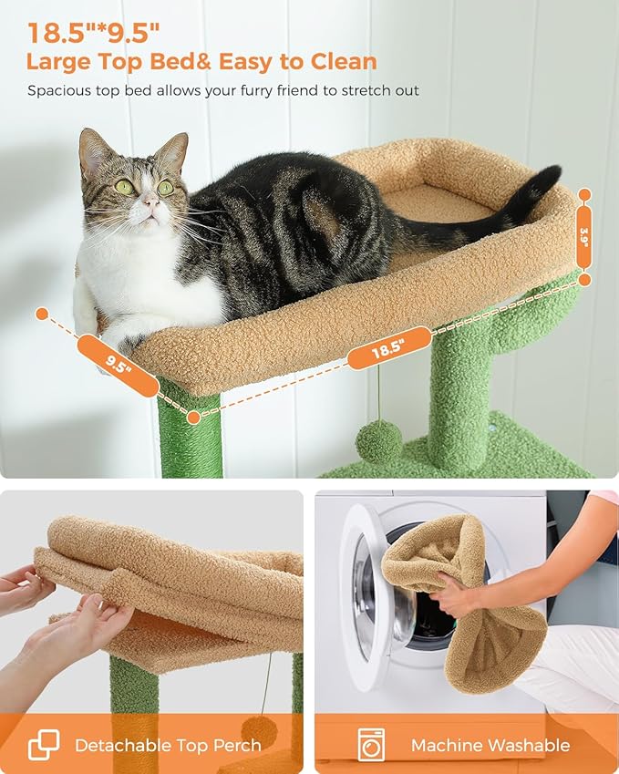 Cactus Cat Tree for Adult Cats with Super Large Top Perch, 56.3" Cat Tower for Cats with Plush Hammock, Dangling Pompom, Cat Scratching Posts and 2 Condos, Green House