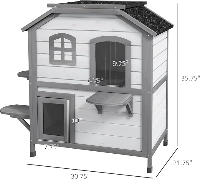 PawHut 2-Story Cat House Outdoor, Weatherproof Wooden Cat Enclosure for Feral Cats with Escape Door, Openable Roof, Jumping Platforms, White