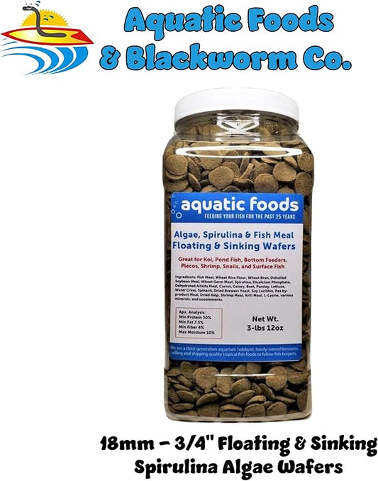 Aquatic Foods Inc. 18mm - 3/4" Wafers, Sinking & Floating for Both Bottom Fish & Surface Fish, Pond Fish, Shrimp, Snails, Crabs, Crayfish…3-lb &12oz Lg Jar
