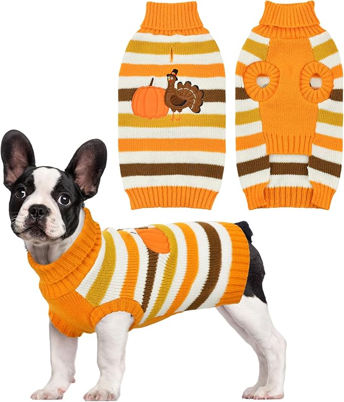 Vehomy Thanksgiving Dog Sweater Pet Pumpkin Turkey Clothes Costume Cat Stripe Turtleneck Knitwear Shirt Pullover Dog Puppy Thanksgiving Clothes for Small Medium Large Dogs Cats M