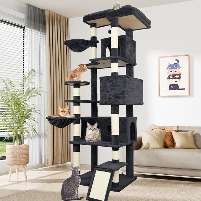 84.6" Multi-Level Tall Cat Tree Tower for Indoor Kitties Larger Cat Condo Furniture with Hammock Cozy Perches Sisal Scratching Posts XXL Pet House (84.6 inch Dark Gray)