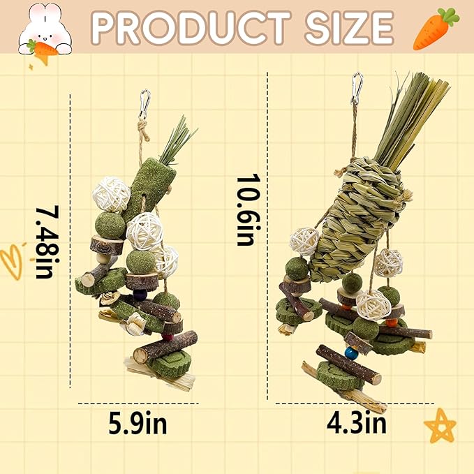 Rabbit Chew Toy, 2Pcs Bunny Cage Hanging Chew Toy & Treats,Natural Material Handwoven Chinchilla Treats Toys for Guinea Pig Hamster Rat and Other Small Pets Teeth Grinding