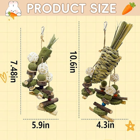 Rabbit Chew Toy, 2Pcs Bunny Cage Hanging Chew Toy & Treats,Natural Material Handwoven Chinchilla Treats Toys for Guinea Pig Hamster Rat and Other Small Pets Teeth Grinding