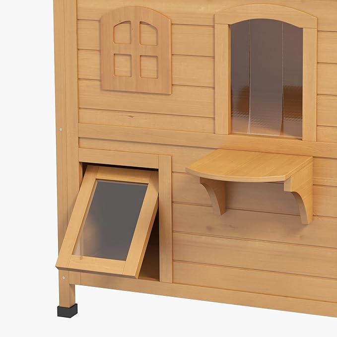 PawHut 2-Story Cat House Outdoor, Weatherproof Wooden Cat Enclosure for Feral Cats with Escape Door, Openable Roof, Jumping Platforms, Natural