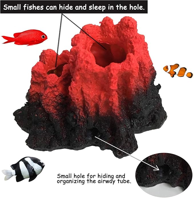 Tank Decoration Volcano Ornament Lava Explosion Look Aquarium Decorations with Multi-Color LED Spotlight for Fish Tank (L)