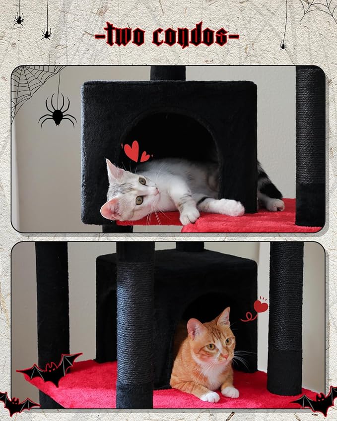 Gothic Cat Tree for Large Cats, 70.9" Tall Black Cat Tower with Coffin Bed, Cat Condo, Sisal Scratching Posts & Top Perch, Spider Hanging Ball, Multi-Level Spooky Cat Tree, Halloween, Black