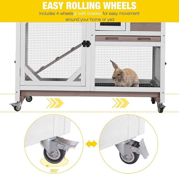 Aivituvin Rabbit Cage Indoor Bunny Hutch on Wheels Outdoor 2 Story Wood Guinea Pig House with 2 Deeper Pull Out Trays