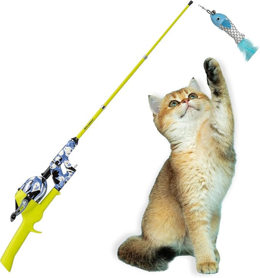 Cat Caster Fishing Pole Toy | Tangle Free & Easy to Store. Includes One Soft Toy and 2 Plastic Fish | The Ultimate Gift for Kitty Lovers, Cat Camo