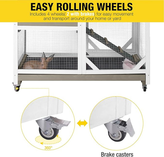 Rabbit Hutch Cage Outdoor and Indoor Bunny Hutch on Wheels with Two Deeper No Leak Trays, Guinea Pig Cages Rabbit House (Matcha Color)