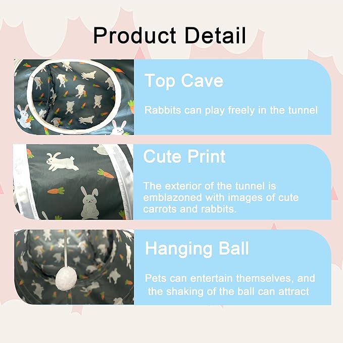 LUCKITTY Rabbit Tunnel Toy, Collapsible 3-Way Hideout Tunnel with Chew Toys for Rabbits, Guinea Pigs, Ferrets, Kittens & Small Pets - Gray & White Bunny Carrot Design Hideout (33"x20"x9.5")
