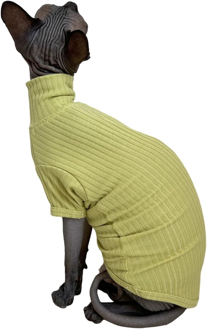 Sphynx Cats Shirt Cat Turtleneck Cotton Sweater Pullover Kitten T-Shirts with Sleeves Cat Pajamas Jumpsuit for Sphynx Cornish Rex, Devon Rex, Peterbald (Medium (Pack of 1), Green Yellow)