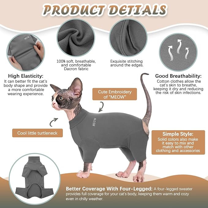 ROZKITCH Hairless Cat Clothes, Breathable Soft Cat Jumpers for Cats Only, Cat Coat with Four Legs, Warm Cat Sweater Cat T-Shirt Cat Pajamas Jumpsuit Vest Cornish Rex, Devon Rex, Peterbald Grey S