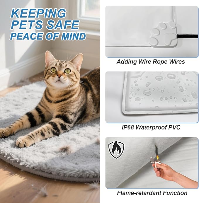 Cat Heating Pad, 16 in Round Pet Heating Pad,Cat Blankets for Indoor Cats Smart Temperature Control Switch Electric Steel Wire Protection Tube Plush Fabric Cover - Grey