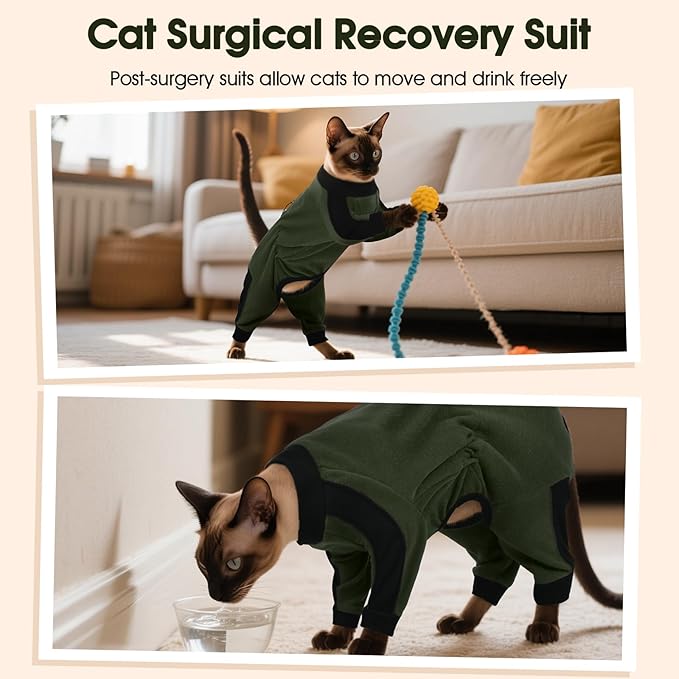 DENTRUN Cat Clothes with Anti-Shedding Fabric - Soft Recovery Suit & Breathable Lint-Resistant Cat Sweater for Wound Care & Hair Control, Kitten Onesie Pajamas, S, Army Green