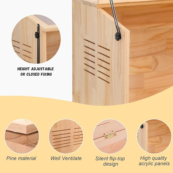 Wooden Hamster Cage,32" Lx16 Wx16 H,Animal Cabinet for Dwarf Syrian Hamsters Degus, Hamster Habitat with Openable Top and Large Acrylic Sheets, Natural Wooden Hamster Habitat.
