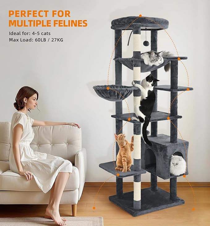 Made4Pets Tall Cat Tree, 71 Inches Cat Tree Tower for Indoor Cats Large Adult, Plush Multi-Level Cat Tower with 5 Scratching Posts, 2 Hammock, Condo and Perch, Big Cat House Indoor, Dark Grey