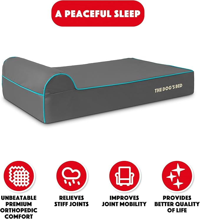 The Dog’s Bed Orthopedic Headrest Dog Bed Large Grey/Blue 40x25, Memory Foam, Pain Relief for Arthritis, Hip & Elbow Dysplasia, Post Surgery, Lameness, Veterinary Approved, Waterproof Washable Cover