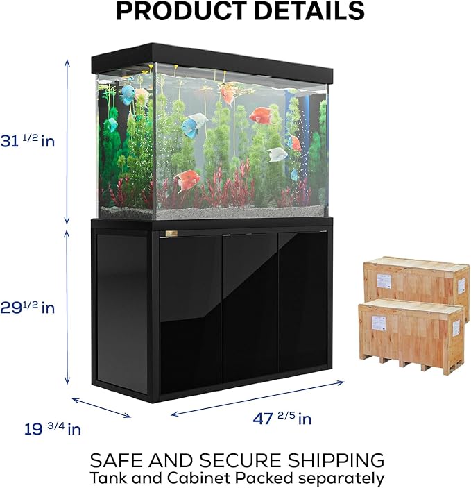 135 Gallon Aquarium Fish Tank with Upright Fishtank Stand Water Pump Freshwater Filter LED Bundle and Straight Corners Clear Glass - All Black