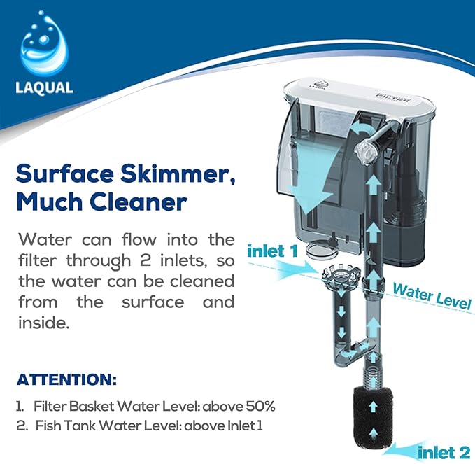 Aquarium Filter with Surface Skimmer, 10 Gallon Small Fish Tank Filter, 3-Layer Filtration, Adjustable Water Flow, Waterfall Design for Increasing Oxygen, Quiet & Efficient Hang on Back Filter