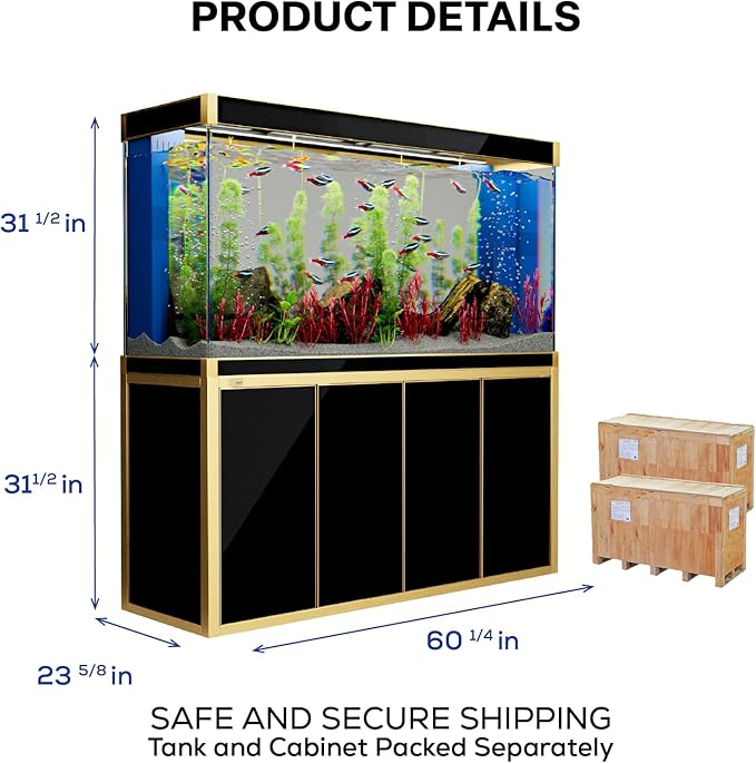 250 Gallon Aquarium Tempered Ultra-Clear Glass with Complete Setup in Black with Gold Trims