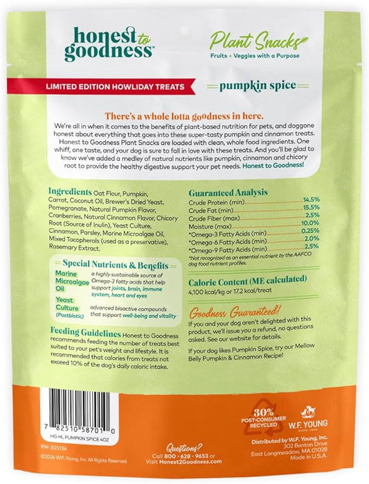 Honest to Goodness Plant Snacks Limited Edition Holiday Pumpkin Spice Dog Treats, 4oz