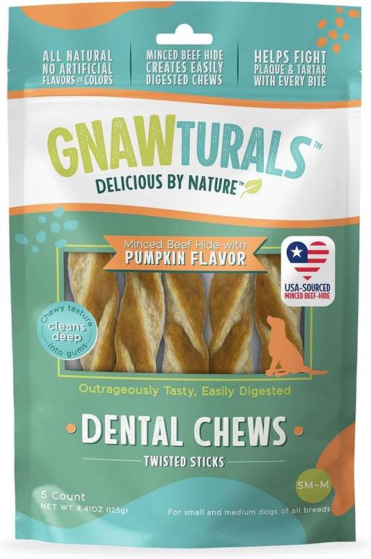 Dental Chews Twisted Sticks | for Medium and Large Dogs | USA Sourced Beef-Hide | Natural Scrubbing Action to Fight Plaque and Tartar While Refreshing Your Dog's Breath (5 Sticks, Pumpkin)