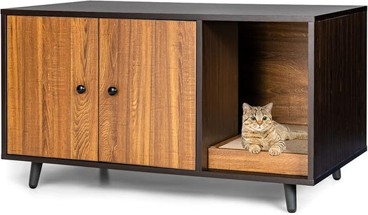 PETSITE Cat Litter Box Enclosure, Wooden Litter Box Cabinet with Divider, Scratching Pad & Metal Legs, Litterbox Enclosure Furniture with Double Doors, Hidden Litter Box, 35.5 x 20 x 20 inch